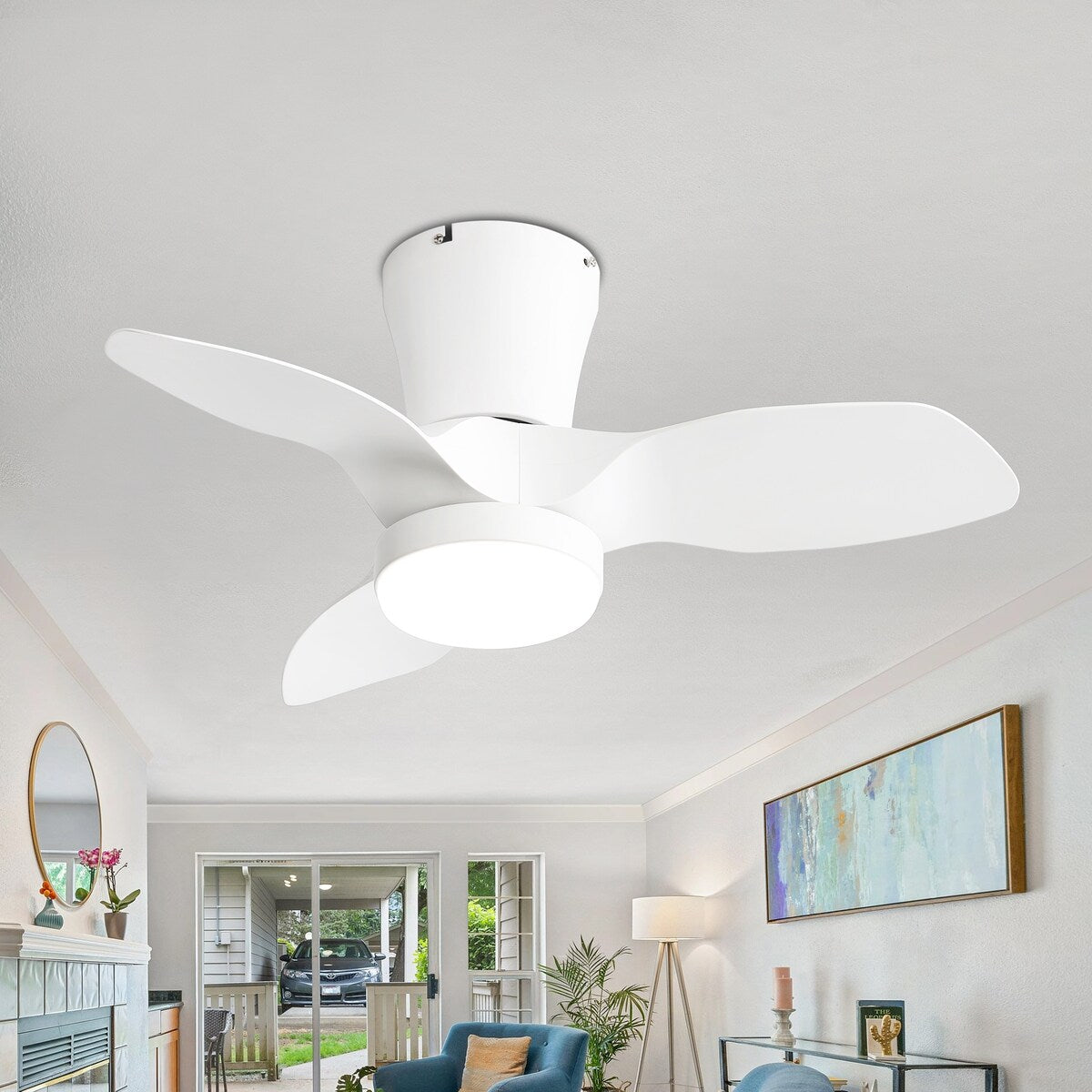 32 Inch Flush Mount LED Ceiling Fan with Lights Remote(3-Blade)
