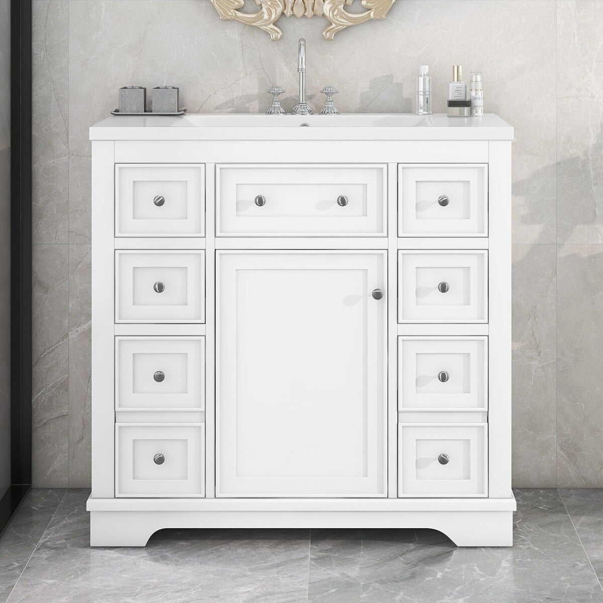 36 Inch Freestanding Bathroom Vanity Set with Drawers and Ceramic Sink