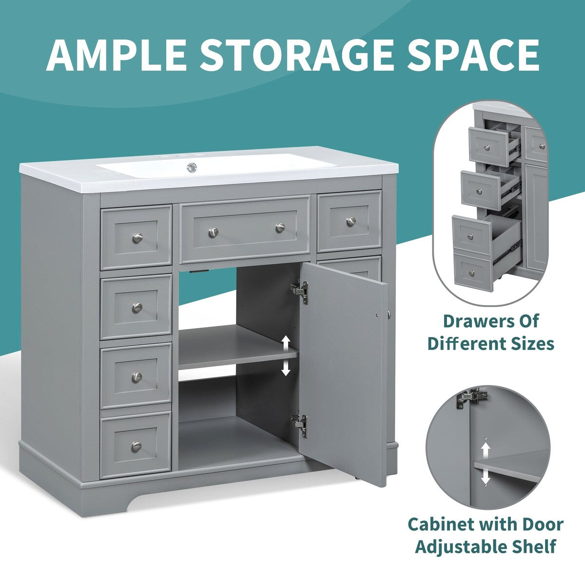 36 Inch Freestanding Bathroom Vanity Set with Drawers and Ceramic Sink