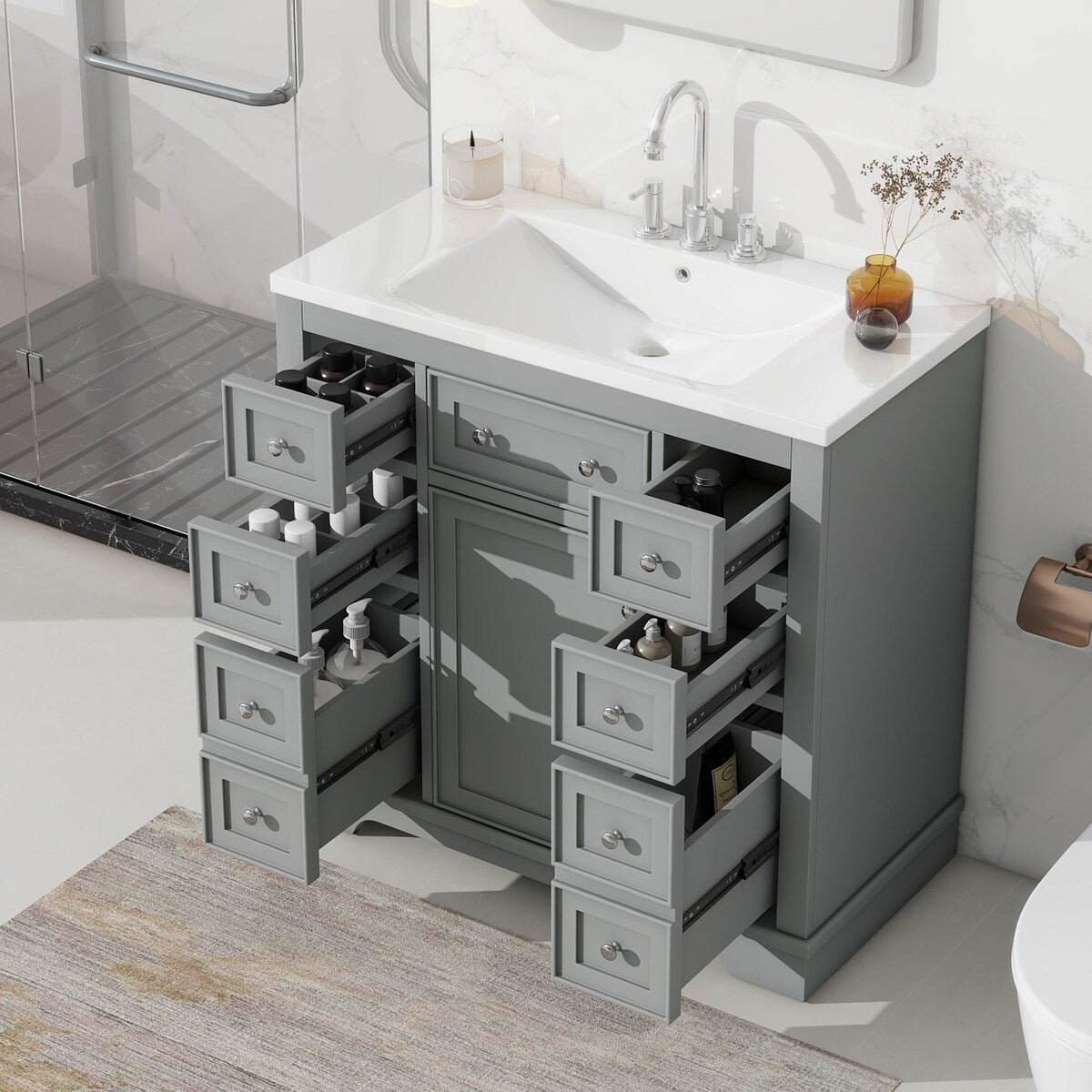 36 Inch Freestanding Bathroom Vanity Set with Drawers and Ceramic Sink