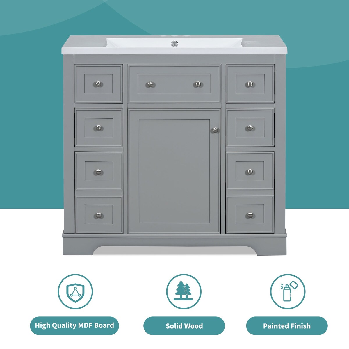 36 Inch Freestanding Bathroom Vanity Set with Drawers and Ceramic Sink