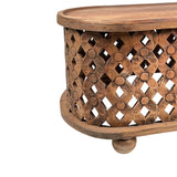 36 Inch Handcrafted Oval Coffee Table, Intricate Cutout Design, Antique Brown