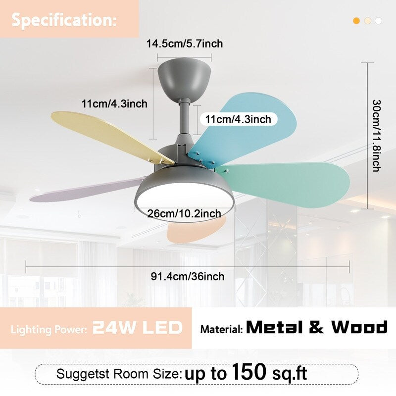 36 inch Smart Led Indoor Modern Dimmable Low Profile Macaron Semi Flush Mount Ceiling Fan Light with Remote Control APP - N/A