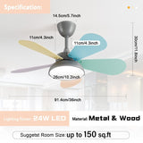 36 inch Smart Led Indoor Modern Dimmable Low Profile Macaron Semi Flush Mount Ceiling Fan Light with Remote Control APP - N/A