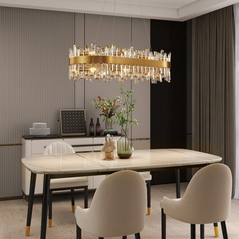 36 in. Modern Crystal Chandeliers 16-Light Brass Gold Rectangular Chandelier Glam Oval Pendant Light for Dining Living Room