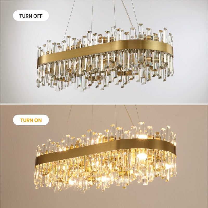 36 in. Modern Crystal Chandeliers 16-Light Brass Gold Rectangular Chandelier Glam Oval Pendant Light for Dining Living Room