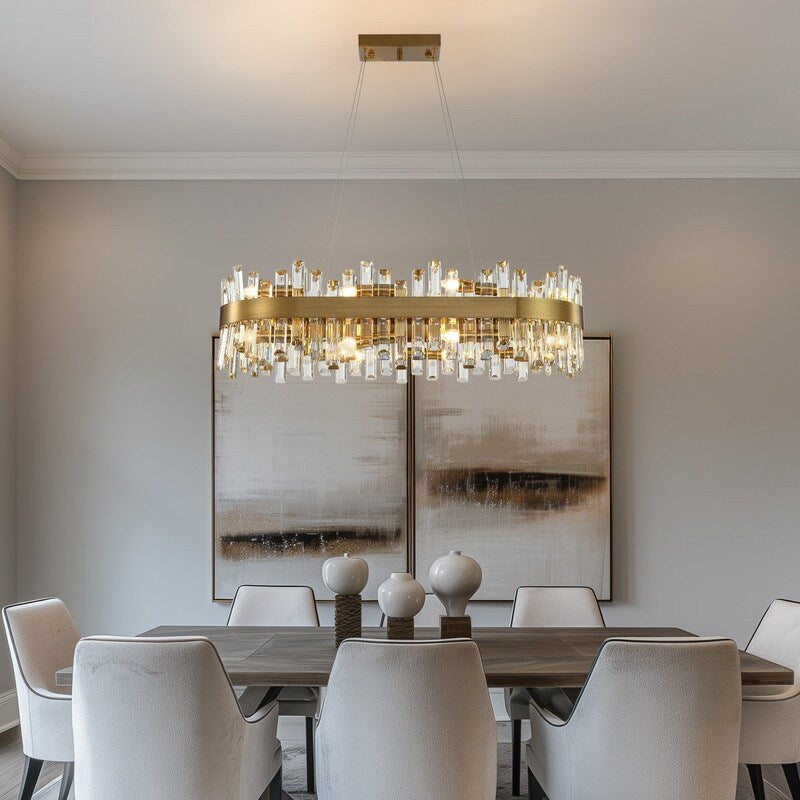 36 in. Modern Crystal Chandeliers 16-Light Brass Gold Rectangular Chandelier Glam Oval Pendant Light for Dining Living Room