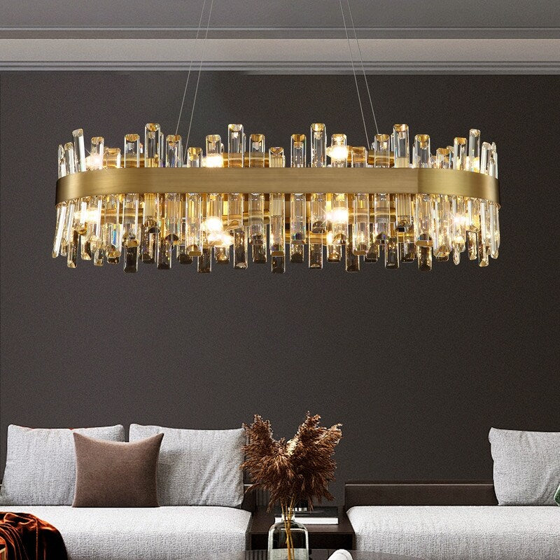 36 in. Modern Crystal Chandeliers 16-Light Brass Gold Rectangular Chandelier Glam Oval Pendant Light for Dining Living Room