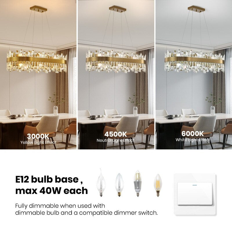 36 in. Modern Crystal Chandeliers 16-Light Brass Gold Rectangular Chandelier Glam Oval Pendant Light for Dining Living Room