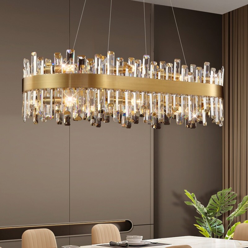 36 in. Modern Crystal Chandeliers 16-Light Brass Gold Rectangular Chandelier Glam Oval Pendant Light for Dining Living Room