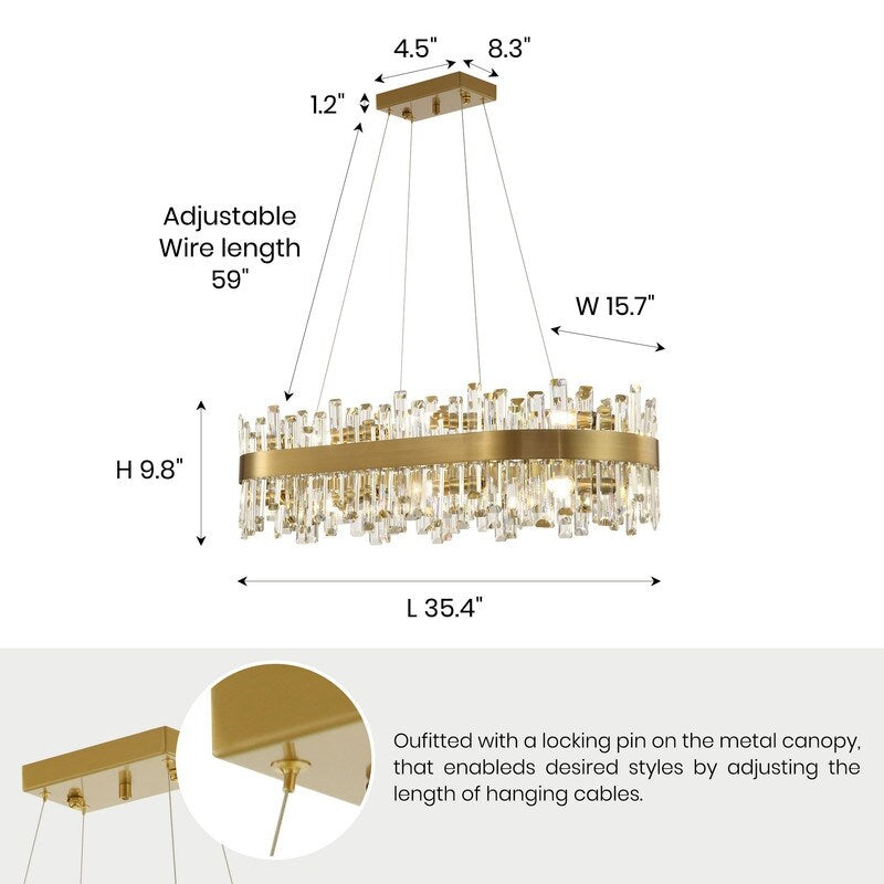 36 in. Modern Crystal Chandeliers 16-Light Brass Gold Rectangular Chandelier Glam Oval Pendant Light for Dining Living Room