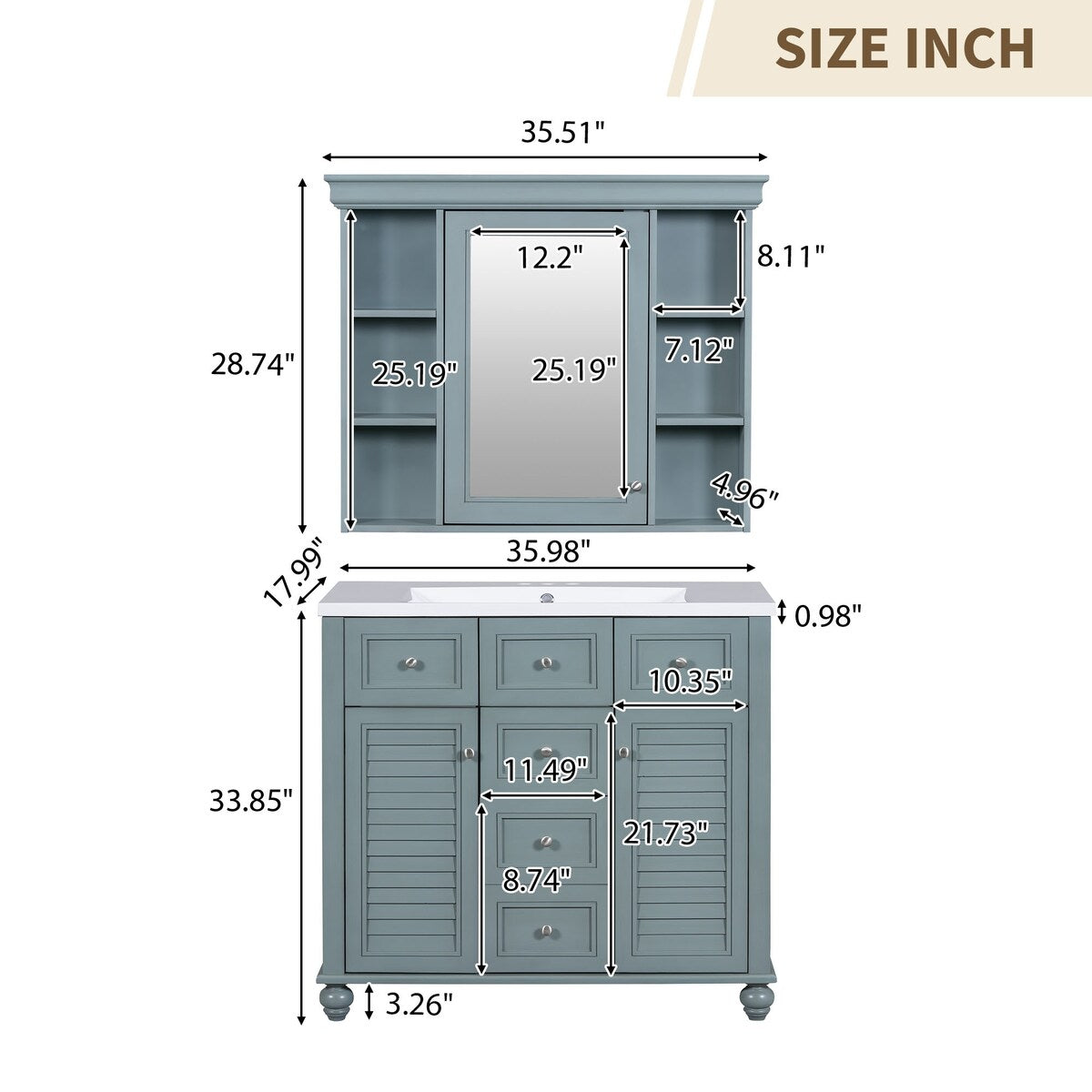 36 in. W Bathroom Vanity with White Resin Sink and Mirror Cabinet in Gray Blue