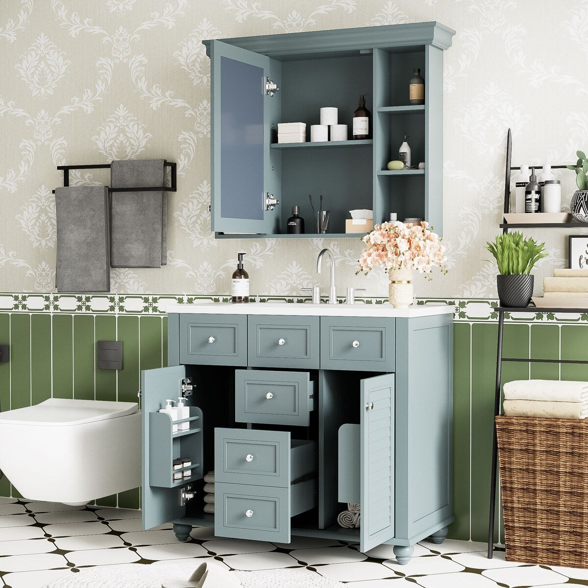 36 in. W Bathroom Vanity with White Resin Sink and Mirror Cabinet in Gray Blue