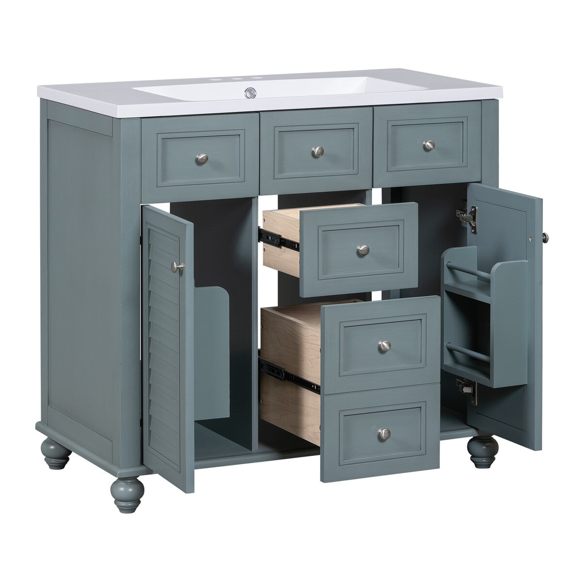 36 in. W Bathroom Vanity with White Resin Sink and Mirror Cabinet in Gray Blue