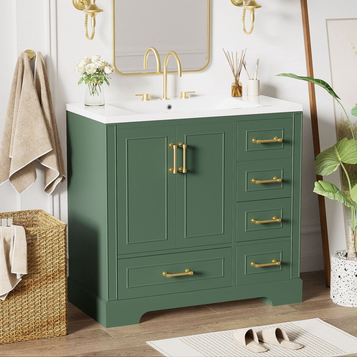 36 in. W Bathroom Vanity with White Resin Sink, Two Doors and Four Drawers