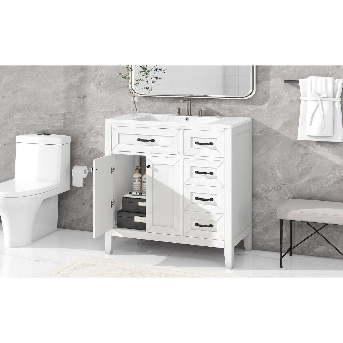 36 in.W MDF Freestanding Bathroom Vanity Set with Integrated Sink, Drawers and Doors - 36" x 18" x 36"