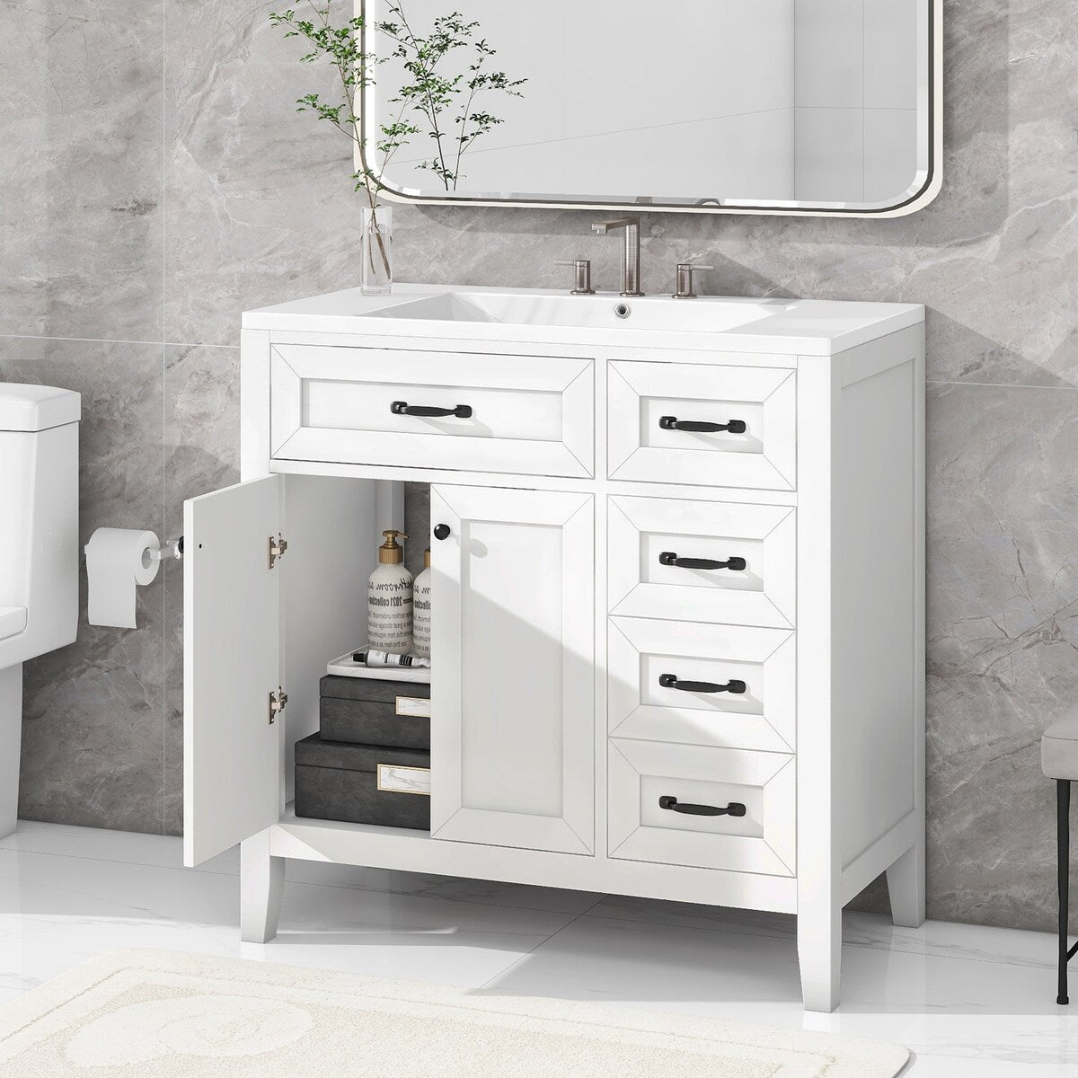 36 in.W MDF Freestanding Bathroom Vanity Set with Integrated Sink, Drawers and Doors - 36" x 18" x 36"