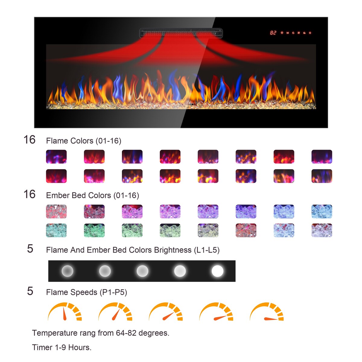 36 inch recessed ultra thin tempered glass front wall mounted electric fireplace with remote and multi color flame