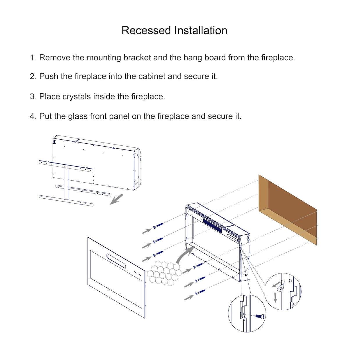 36 inch recessed ultra thin tempered glass front wall mounted electric fireplace with remote and multi color flame