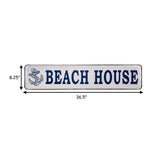 36.5 Inch Metal Rectangular Coastal Wall Art Plaque, Beach House Blue