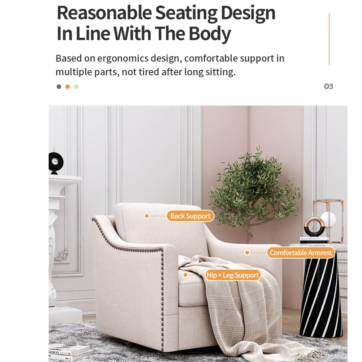 360 Degree Swivel Armchair Cotton Linen Skin-friendly Fabric Ergonomic Design