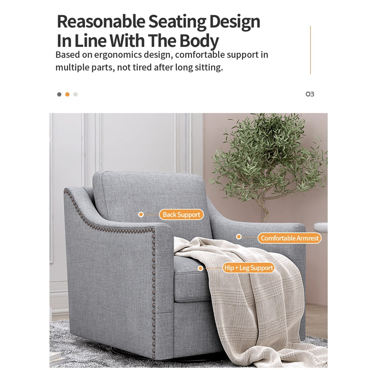 360 Degree Swivel Armchair Cotton Linen Skin-friendly Fabric Ergonomic Design