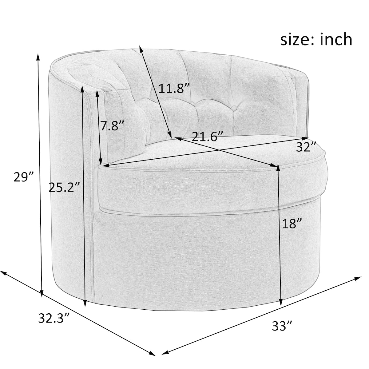 360-Degree Swivel Barrel Chair Comfy Tufted Back Accent Round Barrel Chair Leisure Chair for Living Room, Bedroom, Hotel