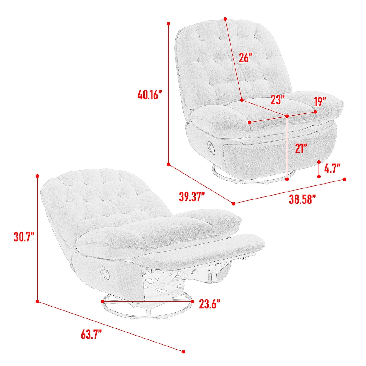 360° Swivel Recliner Adjustable Chair Chenille Glider Swivel Reclining Sofa Chair with Black Metal Round Base