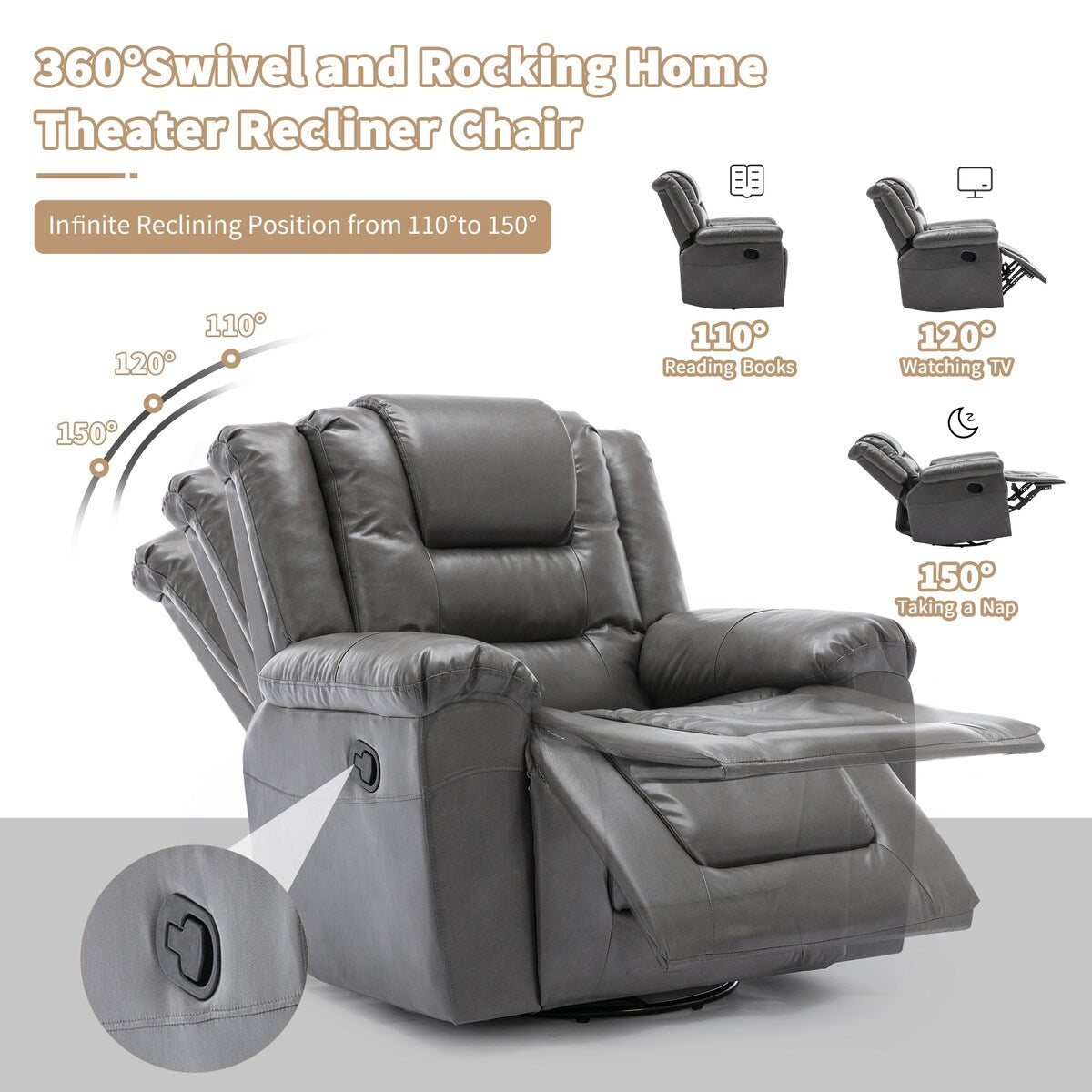 360° Swivel and Rocking Home Theater Recliner: Manual Recliner Chair with Wide Armrest