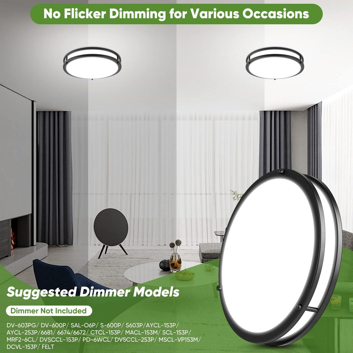 36W 3600lm Super Bright LED Ceiling Light Fixtures, Modern Black Flush Mount Ceiling Lights Daylight White 5000K, 2 Packs
