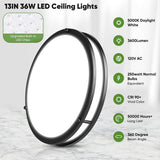 36W 3600lm Super Bright LED Ceiling Light Fixtures, Modern Black Flush Mount Ceiling Lights Daylight White 5000K, 2 Packs