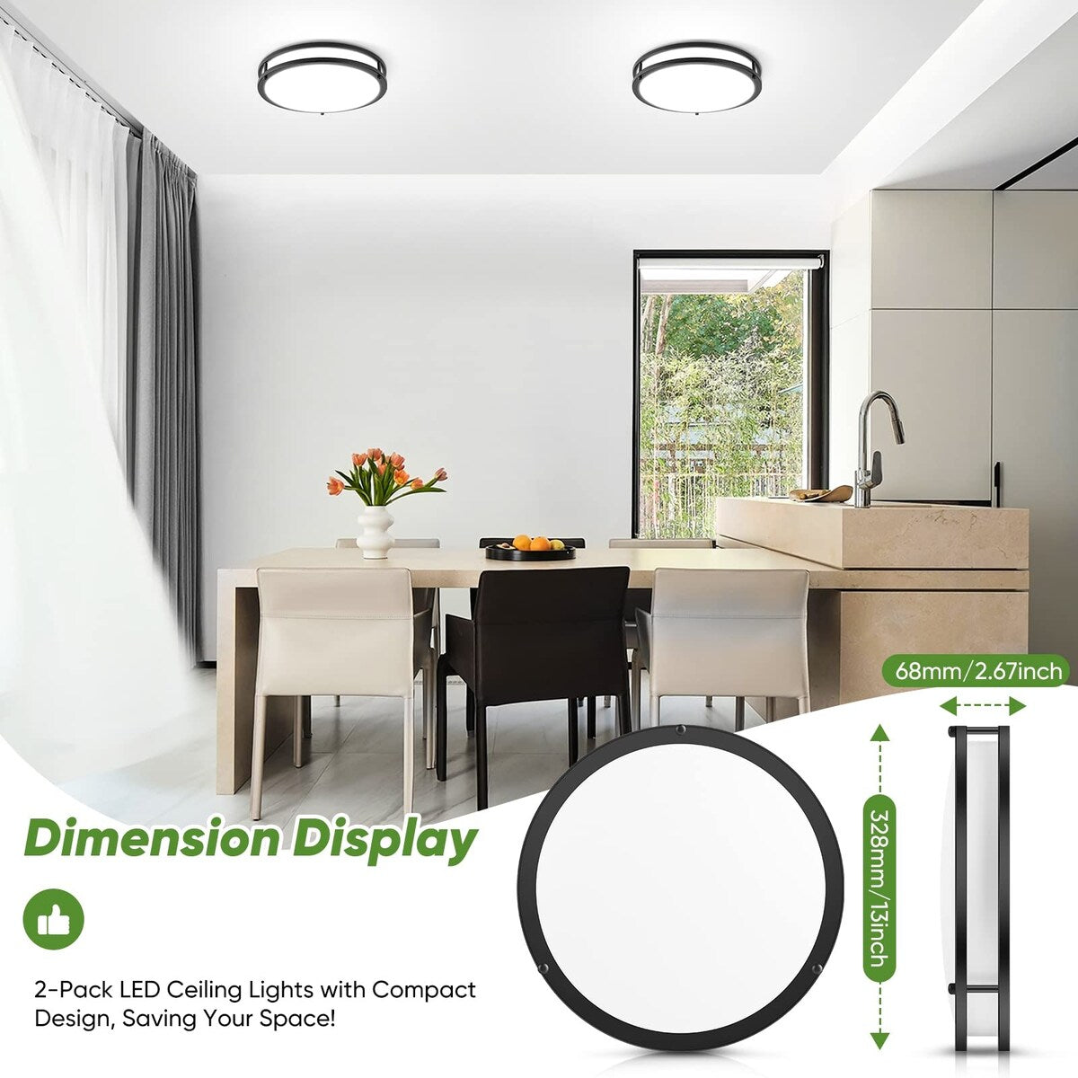 36W 3600lm Super Bright LED Ceiling Light Fixtures, Modern Black Flush Mount Ceiling Lights Daylight White 5000K, 2 Packs