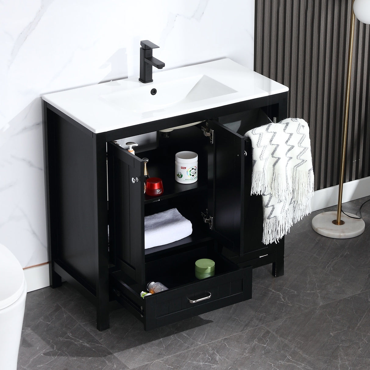 36" Bathroom Vanity Sink Combo with Laundry Hamper Ceramic Sink Storage Cabinet