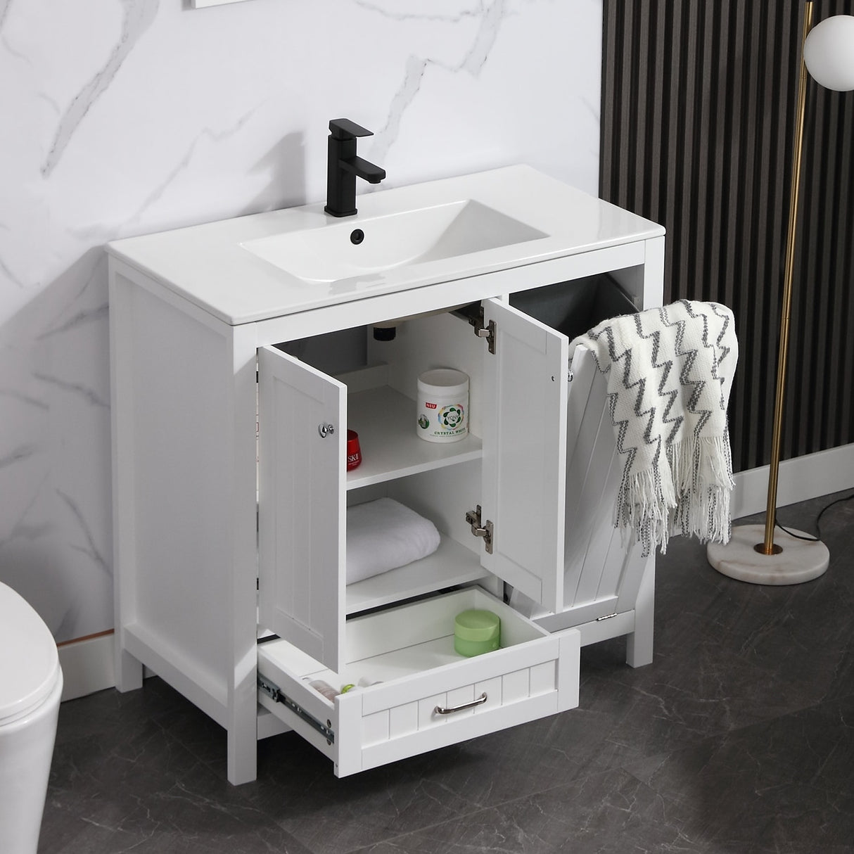36" Bathroom Vanity Sink Combo with Laundry Hamper Ceramic Sink Storage Cabinet