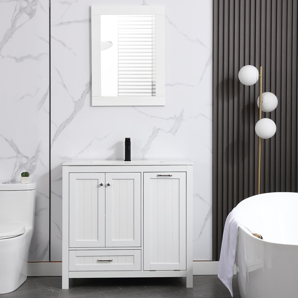 36" Bathroom Vanity Sink Combo with Laundry Hamper Ceramic Sink Storage Cabinet
