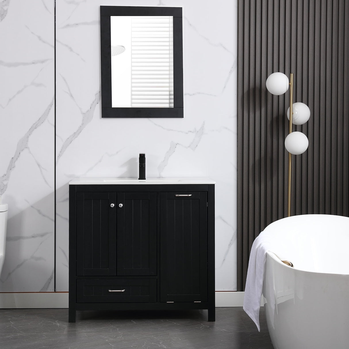 36" Bathroom Vanity Sink Combo with Laundry Hamper Ceramic Sink Storage Cabinet
