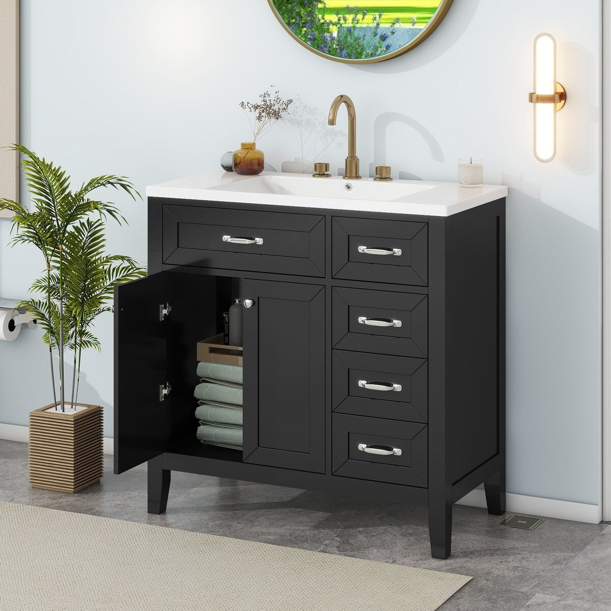 36" Bathroom Vanity with Sink Combo, Blue Bathroom Cabinet with Drawers, Solid Frame and MDF Board