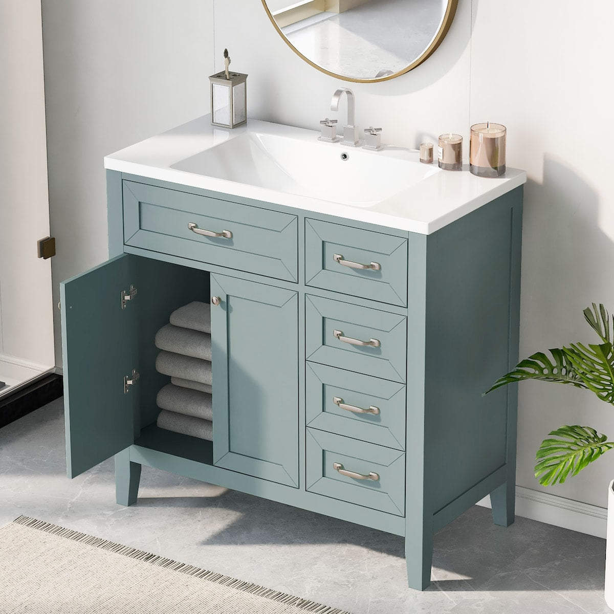 36" Bathroom Vanity with Sink Combo, Blue Bathroom Cabinet with Drawers, Solid Frame and MDF Board