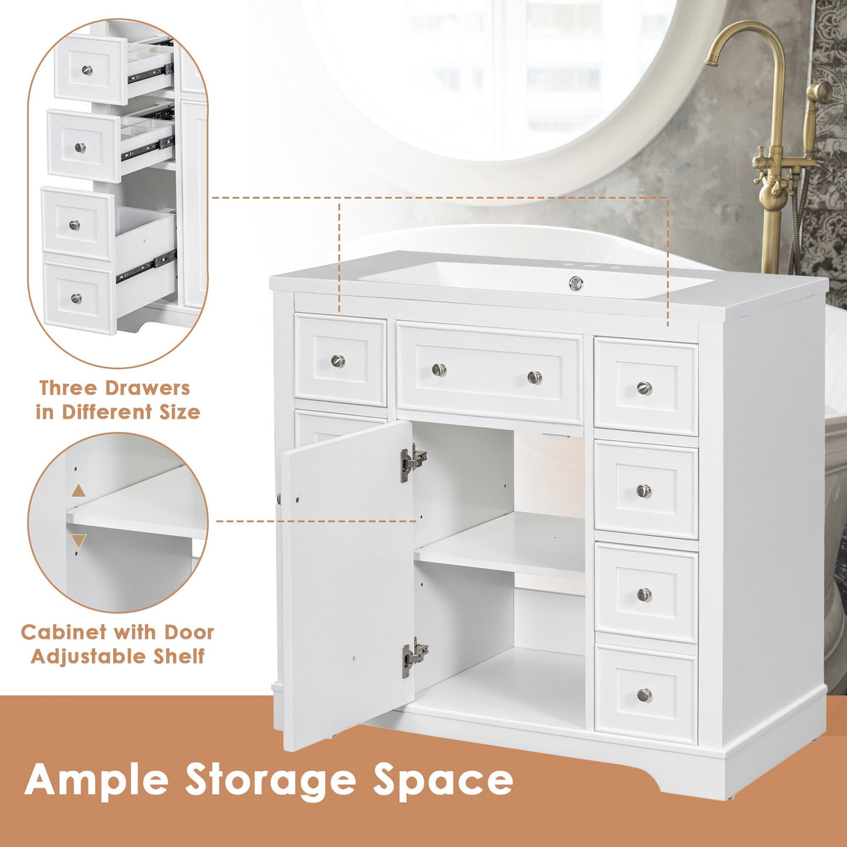 36" Bathroom Vanity with Sink Combo,One Cabinet and Six Drawers