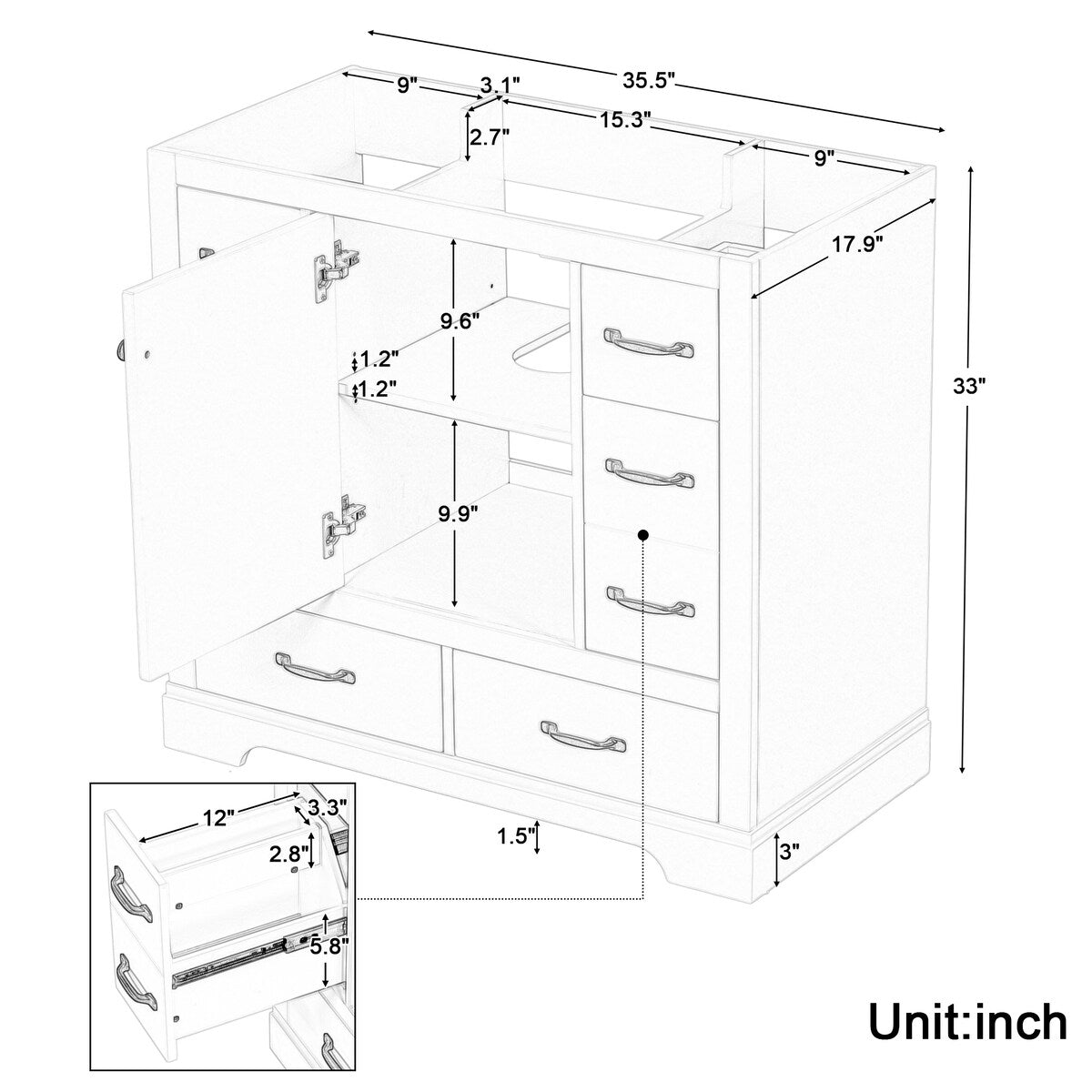 36" Bathroom Vanity without Sink, Cabinet Base Only, Six Drawers, Multi-Functional Drawer Divider, Adjustable Shelf