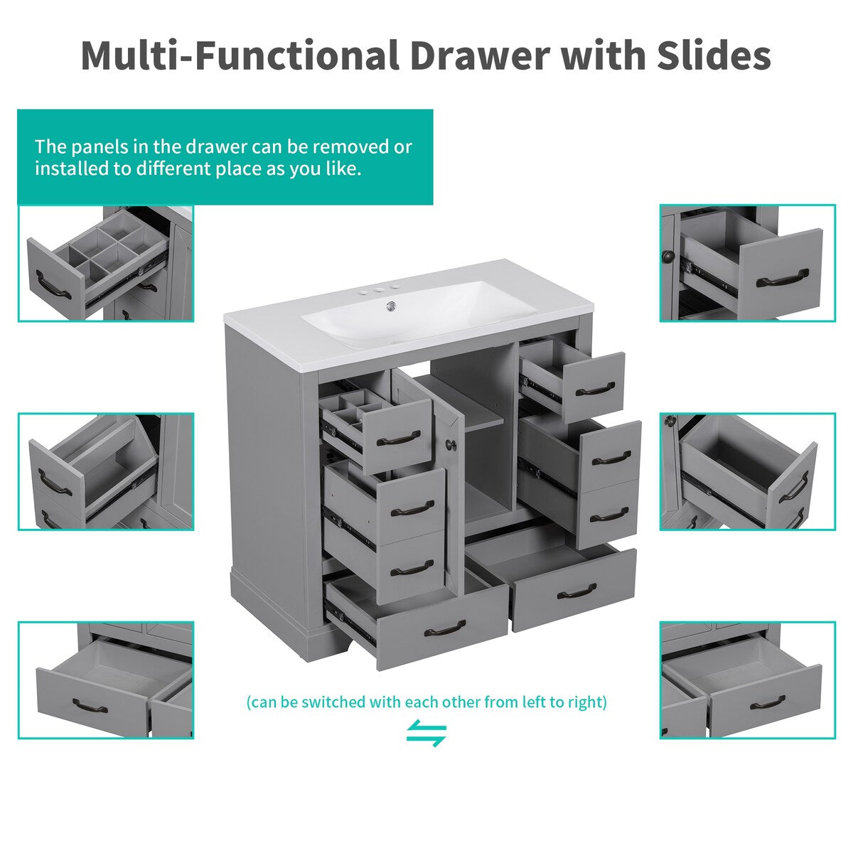 36" Bathroom Vanity without Sink, Cabinet Base Only, Six Drawers, Multi-Functional Drawer Divider, Adjustable Shelf