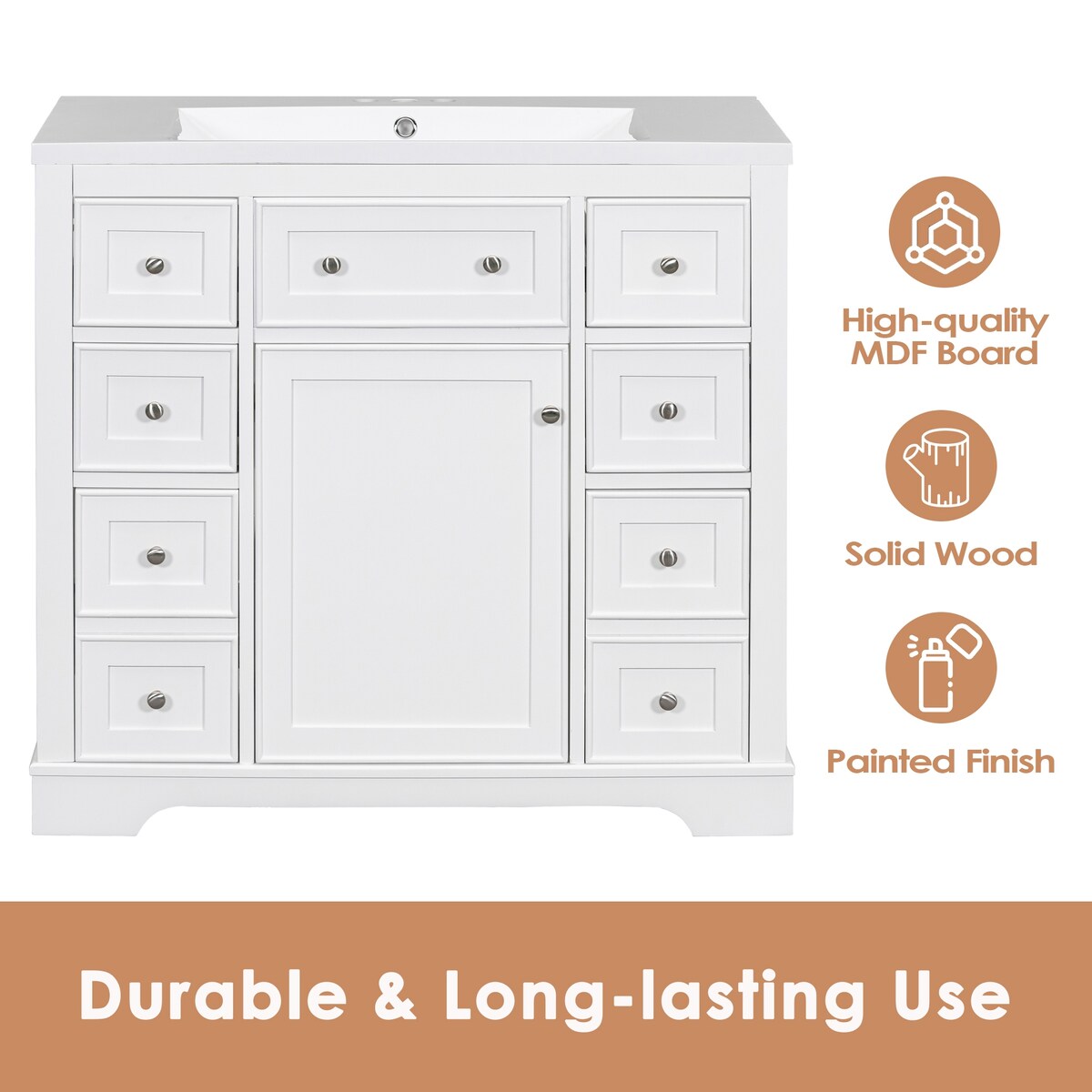 36" Bathroom Vanity without Sink, Cabinet Base Only, Six Drawers, Multi-Functional Drawer Divider, Adjustable Shelf