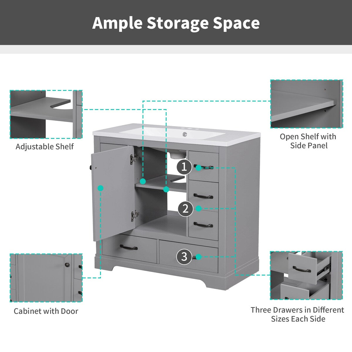 36" Bathroom Vanity without Sink, Cabinet Base Only, Six Drawers, Multi-Functional Drawer Divider, Adjustable Shelf