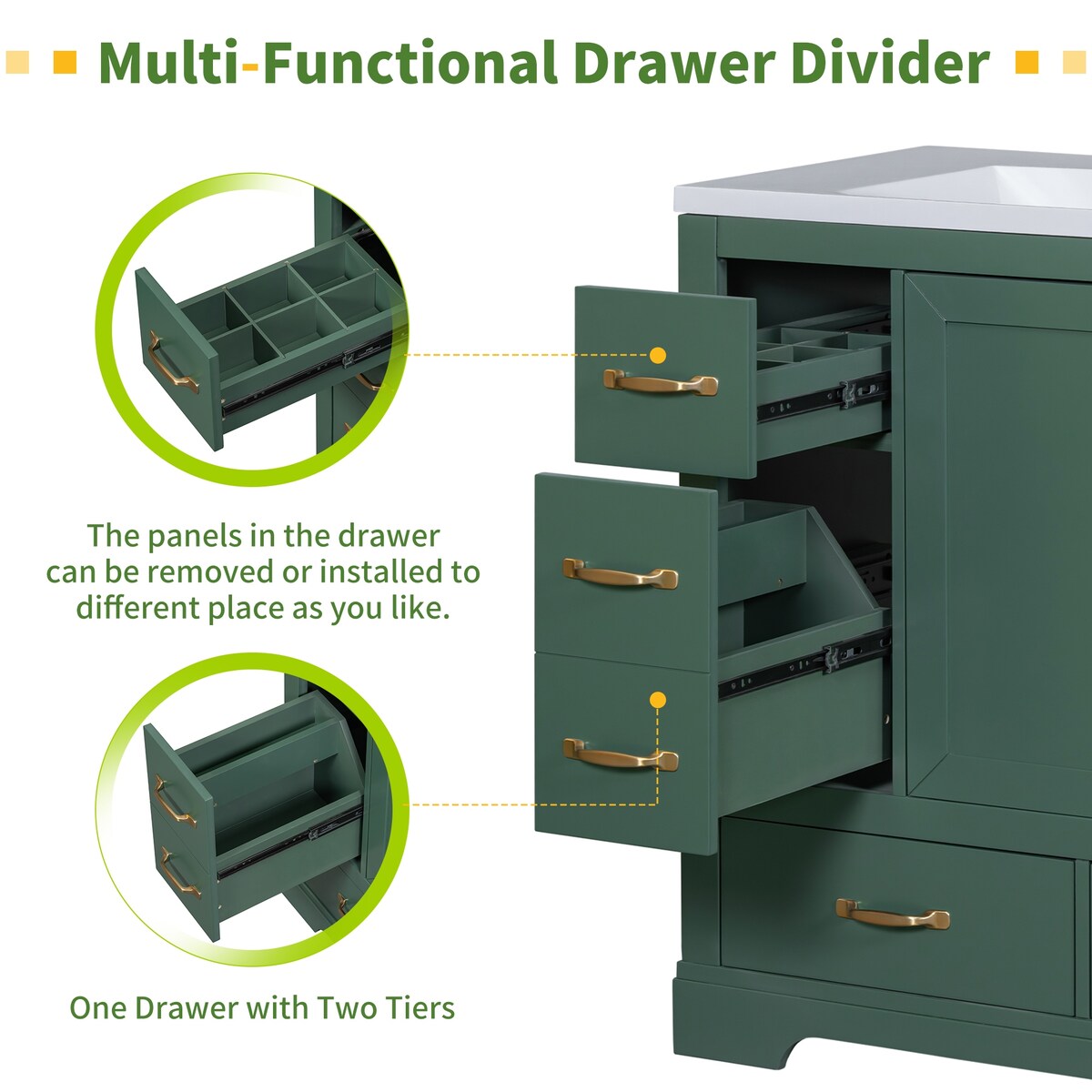 36" Bathroom Vanity without Sink, Cabinet Base Only, Six Drawers, Multi-Functional Drawer Divider, Adjustable Shelf