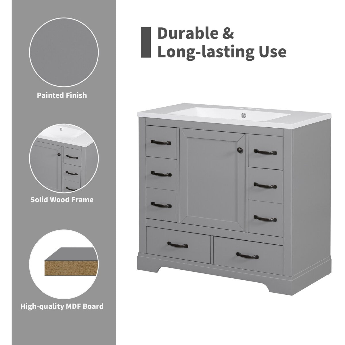 36" Bathroom Vanity without Sink, Cabinet Base Only, Six Drawers, Multi-Functional Drawer Divider, Adjustable Shelf