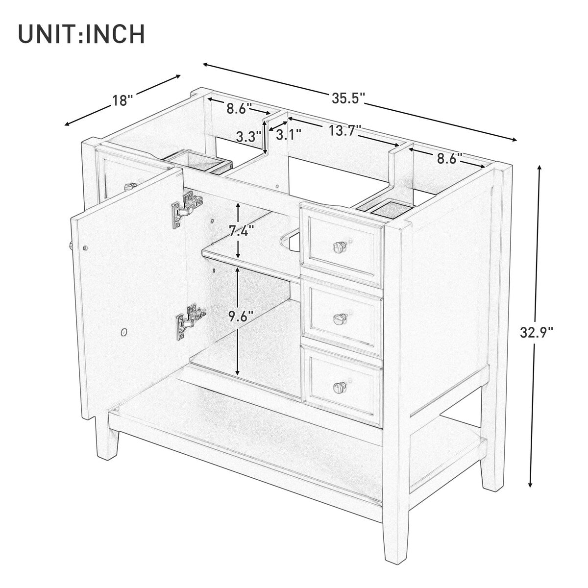36" Bathroom Vanity without Sink,Bathroom Cabinet