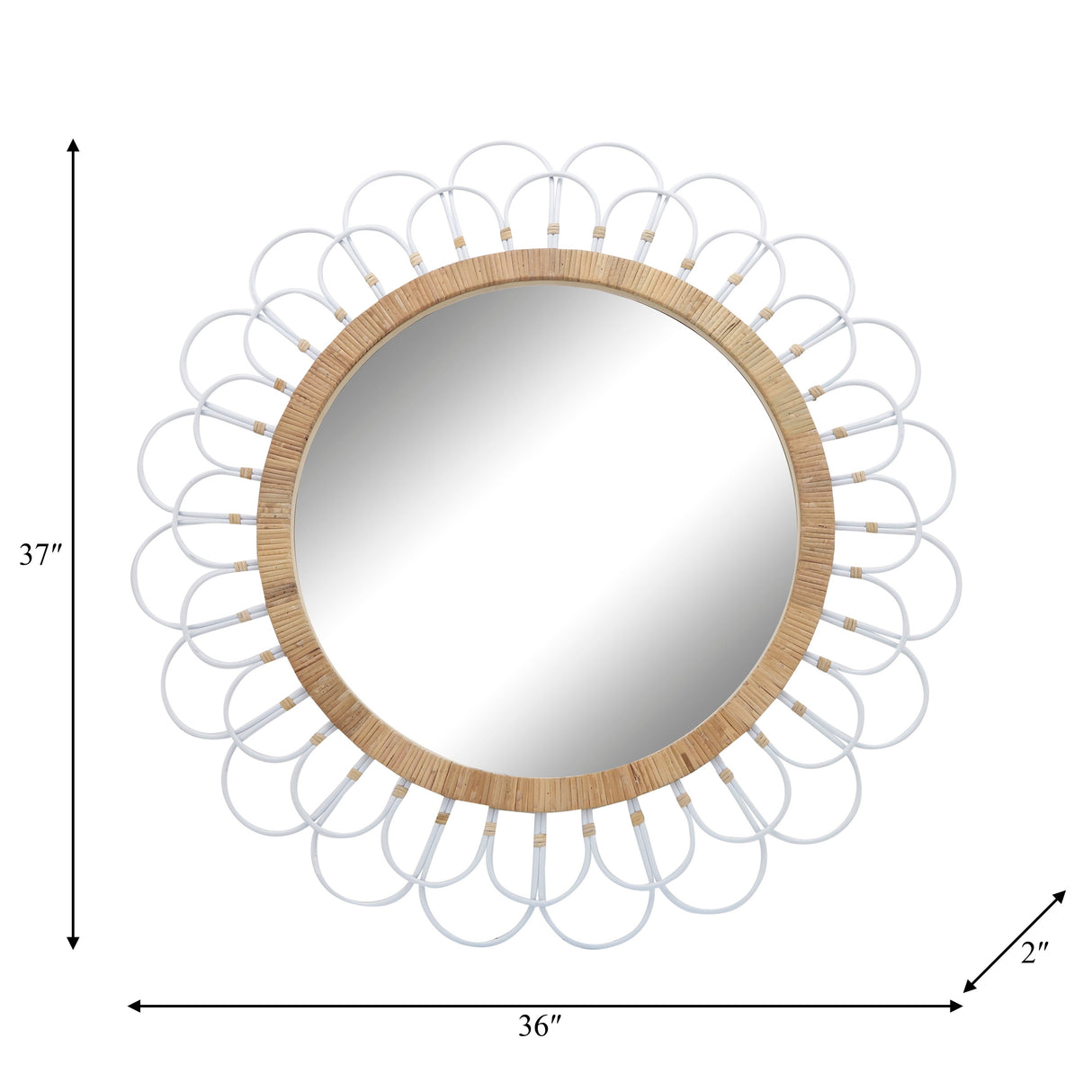 36" Daisy Wall Mirror, White, Round, 37"H, Solid Color - 36" x 2" x 37"