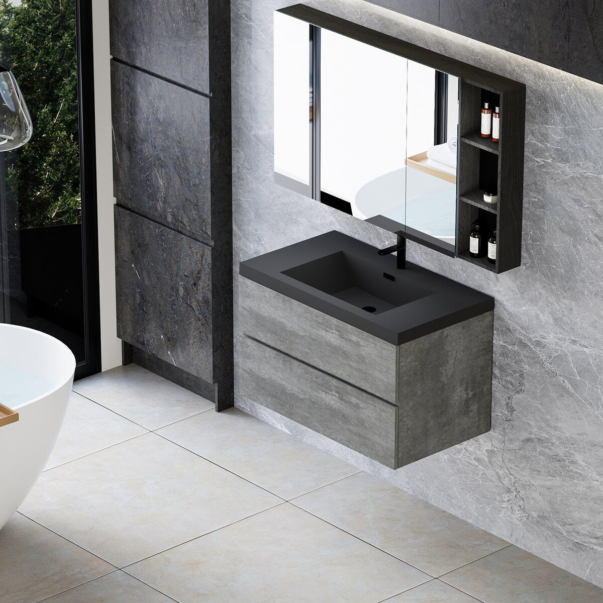 36" Floating Bathroom Vanity with Sink, Wall-Mounted Bathroom Storage Vanity with Quartz Sand Top Basin and Soft Close Drawers