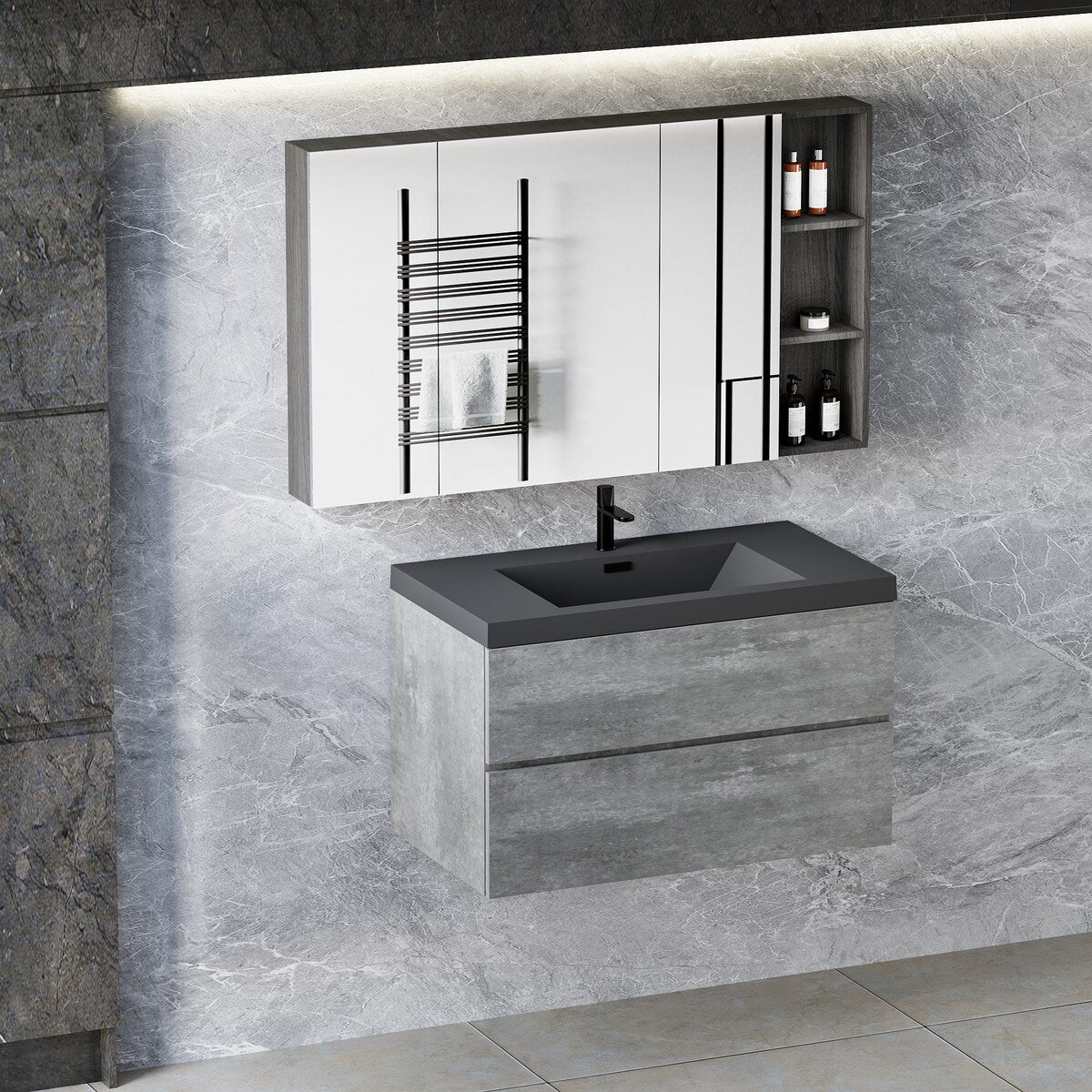 36" Floating Bathroom Vanity with Sink, Wall-Mounted Bathroom Storage Vanity with Quartz Sand Top Basin and Soft Close Drawers