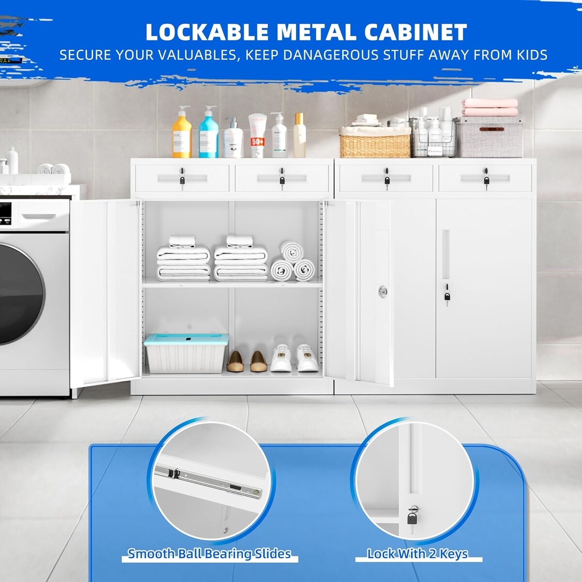 36" H Metal Locking Garage Storage Cabinet with 2 Drawers and Adjustable Shelves